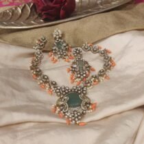 Dazzling Peacock Green Stone Necklace with Orange Beads