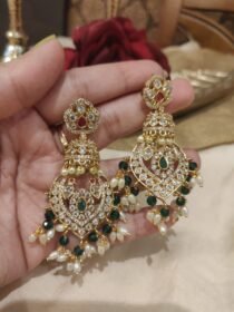 Lustrous Floral Green Stone Jhumka with White Pearl