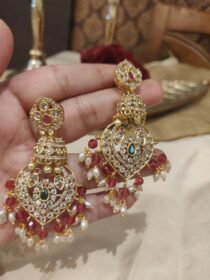 Lustrous Floral Ruby Stone Jhumka with White Pearl