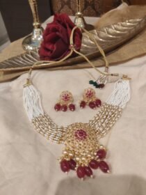 Glamorous White Multilayer Short Necklace With Ruby Stones