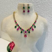 Elegant Floral Pink Green Stone Droplet Necklace