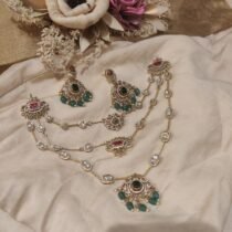 Majestic 3 Layer Kundan Necklace With Green Beads