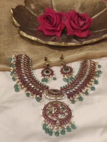 Opulent Red Stone Peacock Necklace With Light Green Beads