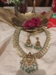 Lustrous Lakshmi Coin Long Temple Necklace With Lightgreen And White Beads