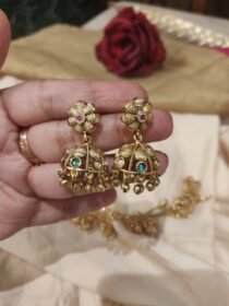 Timeless Floral Crystal Green Stone Jhumka