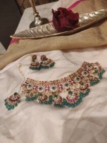 Premium Floral Crystal Ruby Stone Choker with Green Beads