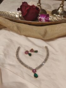 Timeless Crytsal AD Floral Ruby Green Stone Necklace