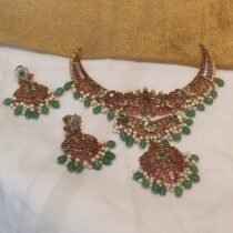 Timeless Ruby Stone Floral Necklace With Green Beads