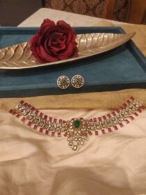 Artisanal Floral Crytsal Ruby Stone Choker With Green AD Stone