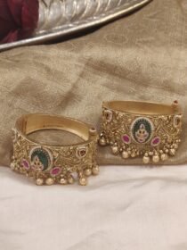 Antique Finish Kundan Polki Gold Bangles with Ruby Emerald Stone Set of 2
