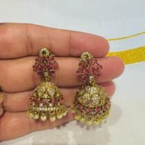 Alluring Floral Ruby Stone Jhumka With White Beads