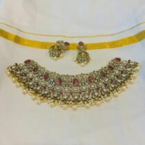 Refined Ruby Stone Droplet Choker With White Pearl Beads