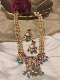 Inimitable Jadau Ruby Green Stone Long Necklace With Green Beads