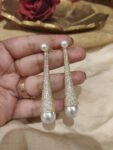 Fashionable CZ Long Earring With White Pearl