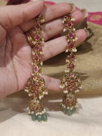 Lustrous Ruby Stone Long Jhumka With white Green Beads