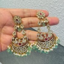 Majestic Floral Peacock Earring With Light Green Beads