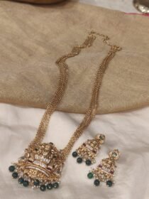 Radiant Multilayer Lakshmi Temple Long Necklace with Green Beads