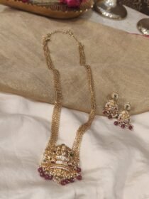 Radiant Multilayer Lakshmi Temple Long Necklace with Red Beads