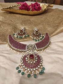 Timeless AD Ruby Stone Floral Necklace With Green Beads