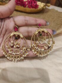 Mesmerizing Ruby Green Stone 3 Layer Earring With White Beads