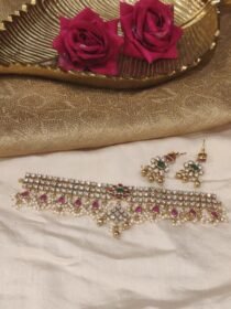 Floral Crystal AD Stone Droplet Choker With White Beads