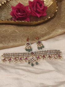 Unique Floral Crystal Ruby AD Stone Droplet Choker With Green Beads