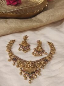 Exquisite Jadau Ruby Green Stone Temple Choker with Golden Beads