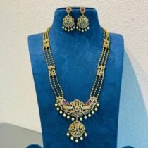 Lustrous 3 Layer Golden Peacock Long Necklace with White Beads