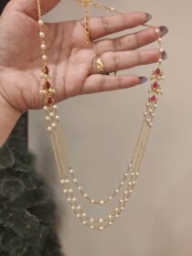 Elegant Triple-Layered Pearl & Ruby Mala Necklace